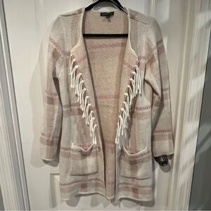 Adrienne Vittadini Cream and Pink Cardigan with Fringe. Size Large